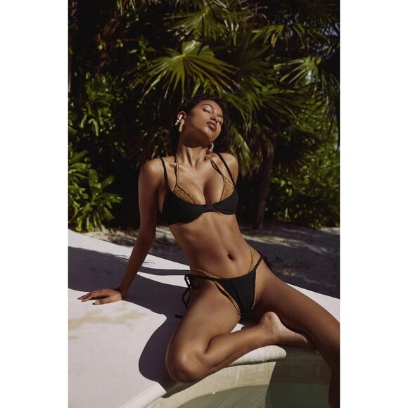 SAME Los Angeles Double Layer Bikini Bottoms in Faux Suede Black/Mocha Shimmer - Picture 2 of 5